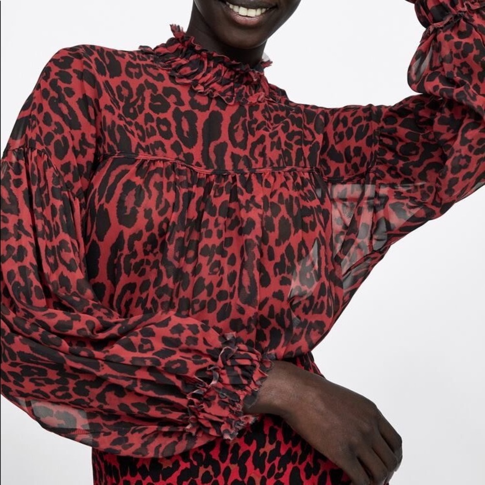 Zara Red Leopard Print Blouse Small - image 2